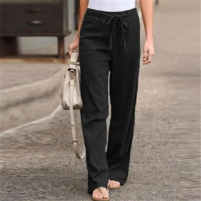 Pantalon Fluide Femme Coton Lin Taille Élastique Décontracté 4