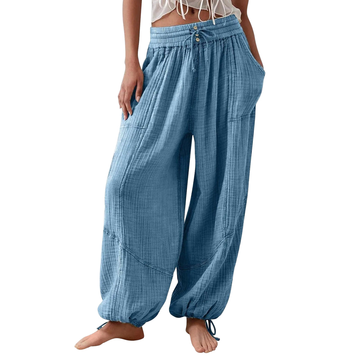 Pantalon Fluide Femme Taille Élastique Cordon de Serrage Polyester Spandex Coton 0