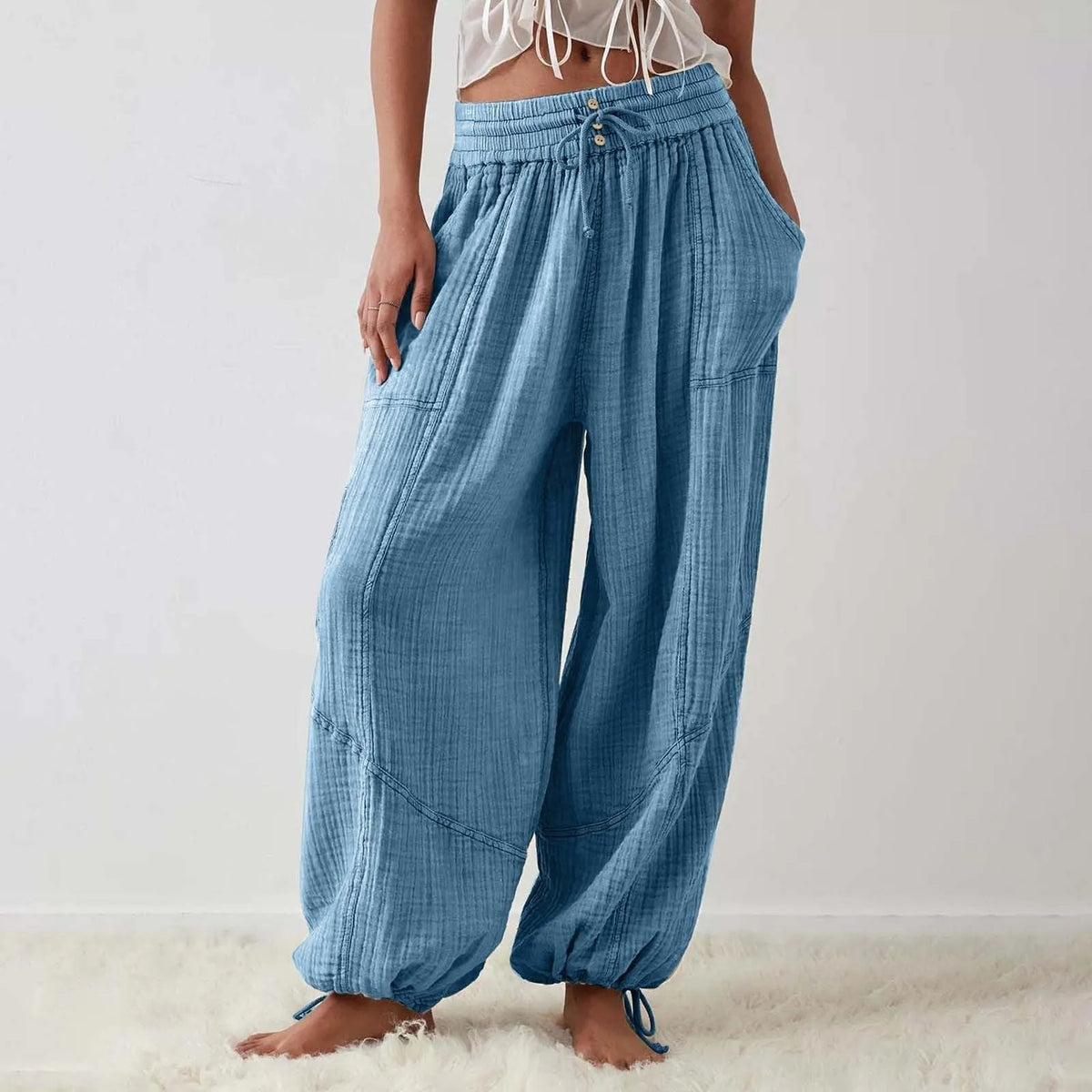 Pantalon Fluide Femme Taille Élastique Cordon de Serrage Polyester Spandex Coton 9