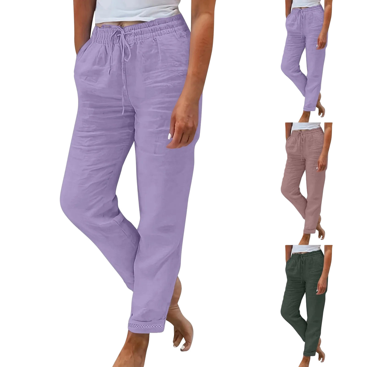 Pantalon Fluide Femme Taille Élastique Coton Lin 0
