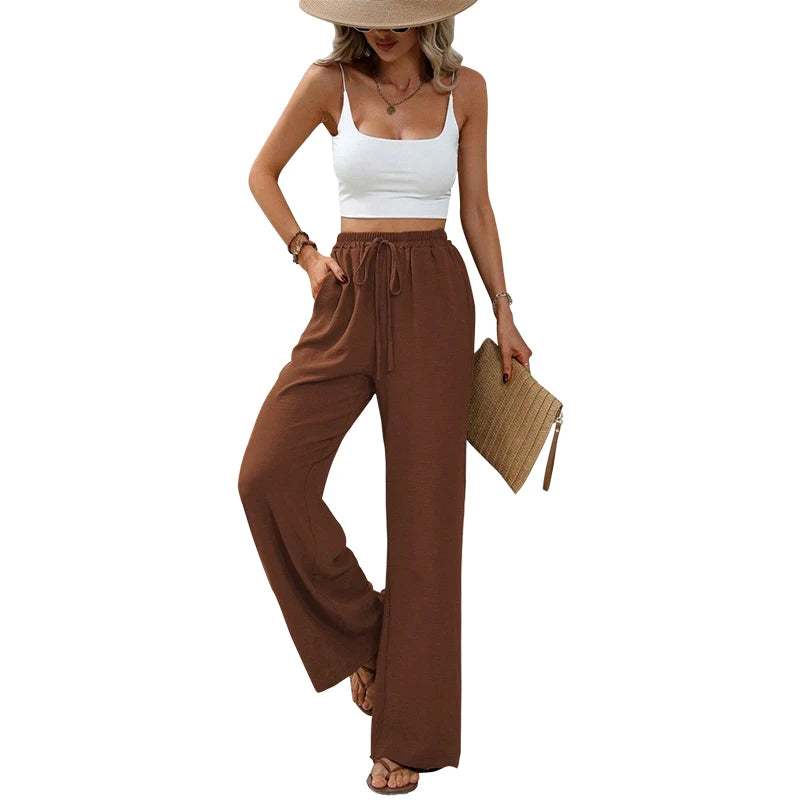 Pantalon Fluide Femme Taille Élastique avec Poches et Nœud en Mélange de Tissus Doux 11