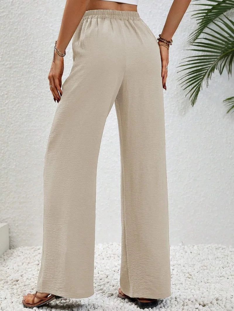 Pantalon Fluide Femme Taille Élastique avec Poches et Nœud en Mélange de Tissus Doux 1
