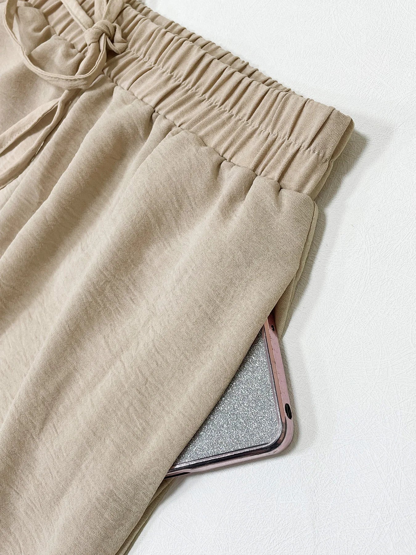 Pantalon Fluide Femme Taille Élastique avec Poches et Nœud en Mélange de Tissus Doux 4