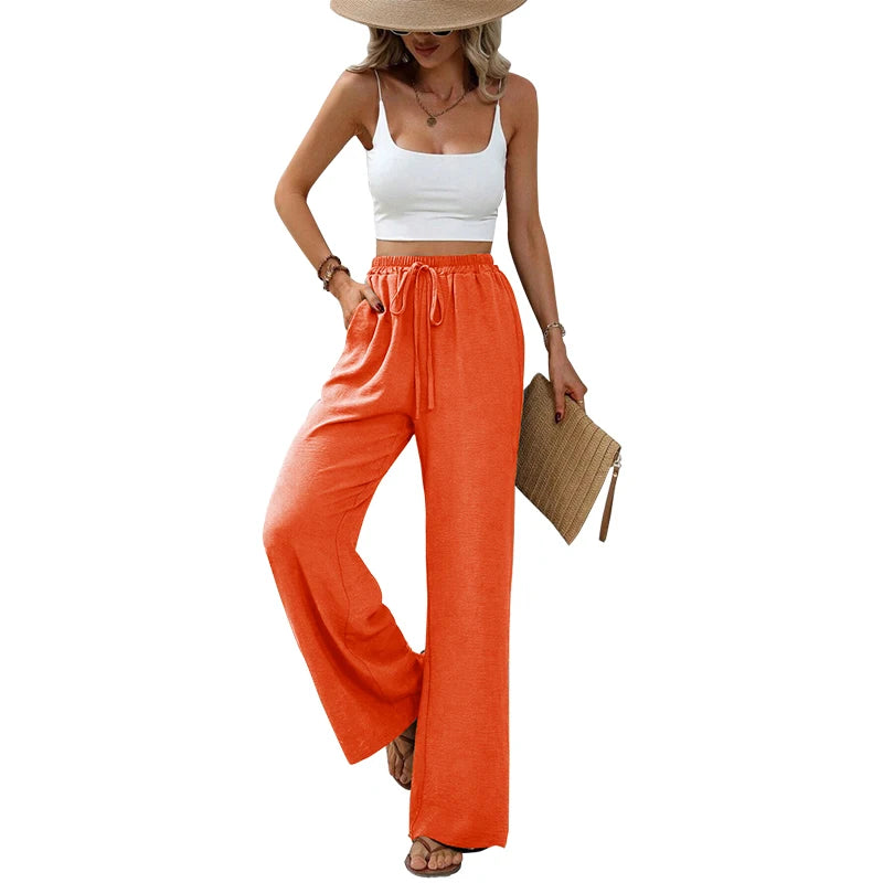 Pantalon Fluide Femme Taille Élastique avec Poches et Nœud en Mélange de Tissus Doux 6