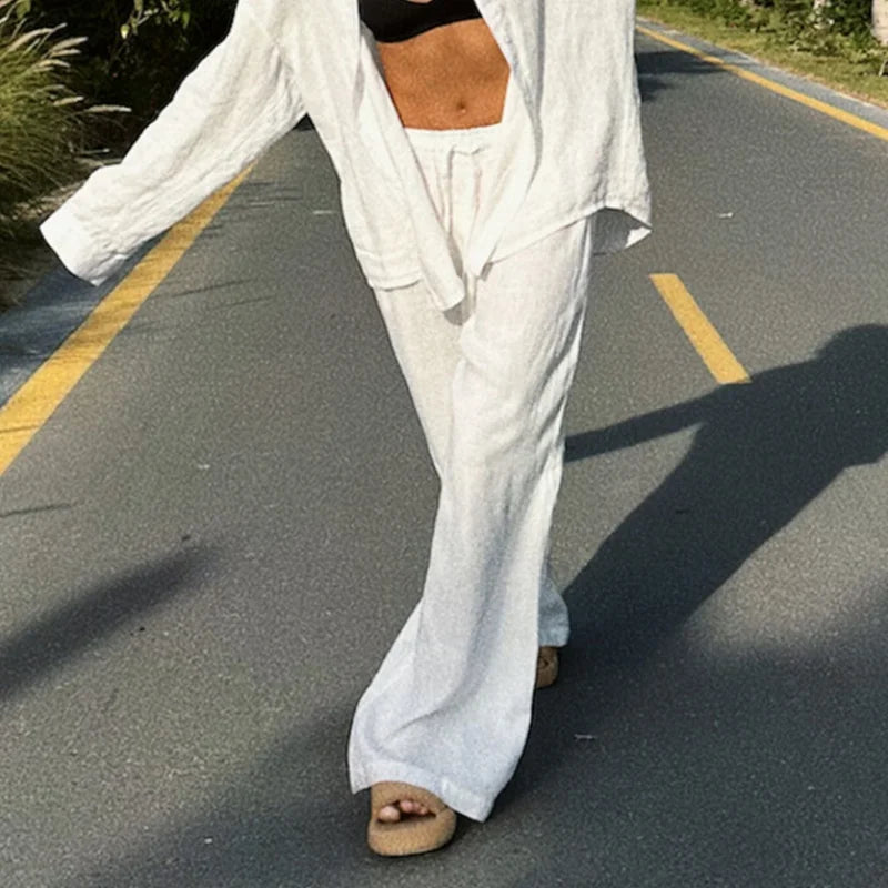 Pantalon Fluide Femme Taille Haute Coton Lin Large Décontracté 1