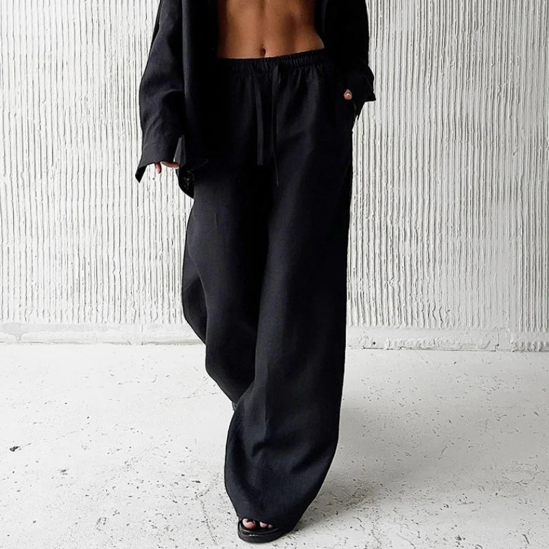 Pantalon Fluide Femme Taille Haute Coton Lin Large Décontracté 3