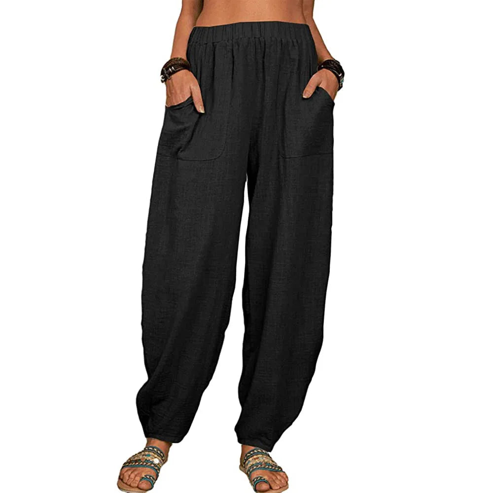 Pantalon Large Femme en Lin Coton Casual Taille Haute 5