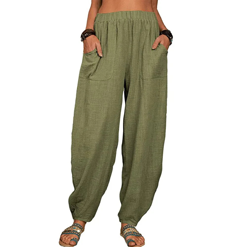 Pantalon Large Femme en Lin Coton Casual Taille Haute 7