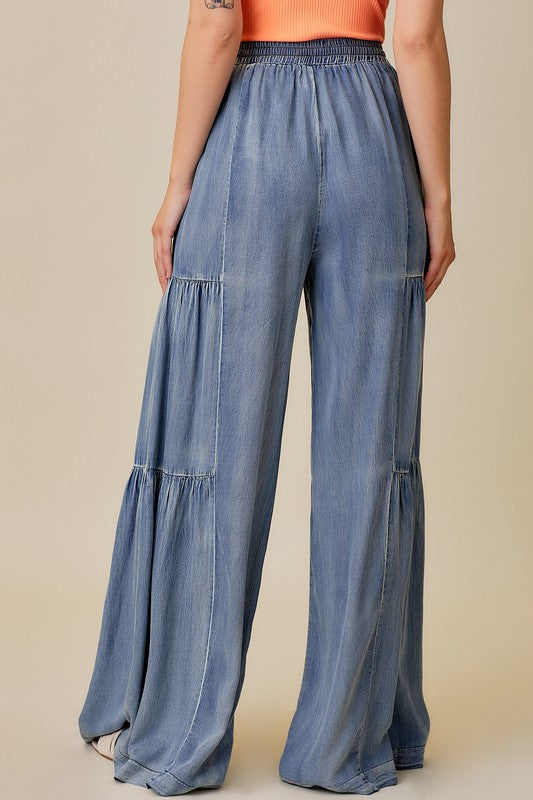 Pantalon Large à Volants en Denim Lavé pour Femme 3