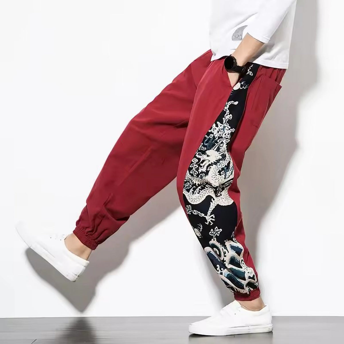 Pantalon Sarouel Décontracté avec Motif Japonais 3