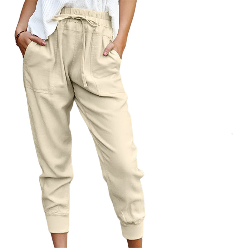 Pantalon Slim Femme Taille Haute en Couleur Unie avec Lacets 0