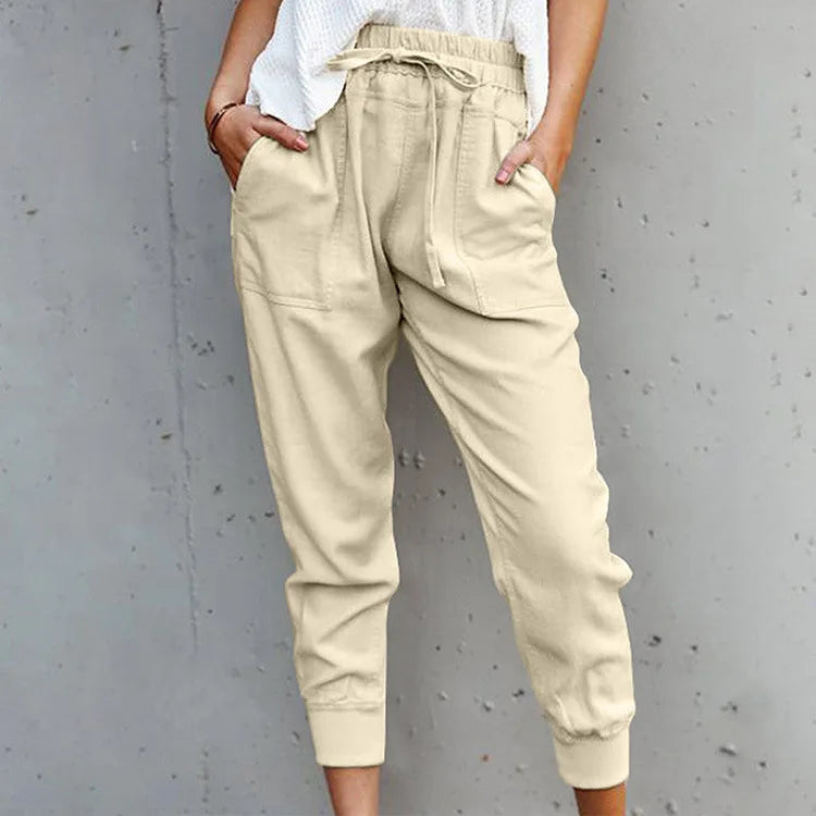 Pantalon Slim Femme Taille Haute en Couleur Unie avec Lacets 11