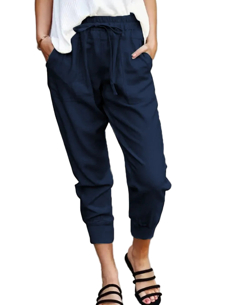 Pantalon Slim Femme Taille Haute en Couleur Unie avec Lacets 13