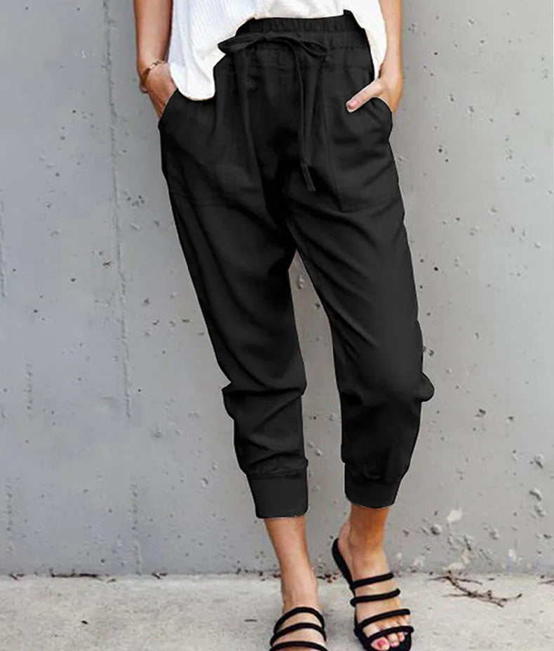 Pantalon Slim Femme Taille Haute en Couleur Unie avec Lacets 14
