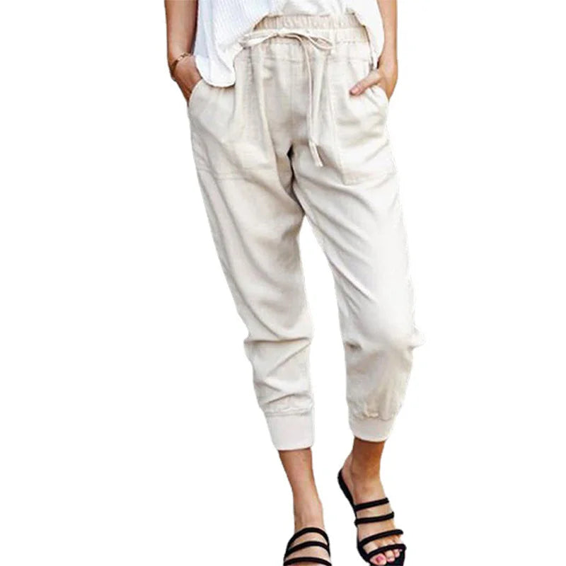 Pantalon Slim Femme Taille Haute en Couleur Unie avec Lacets 2