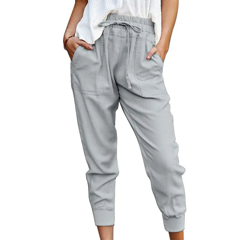 Pantalon Slim Femme Taille Haute en Couleur Unie avec Lacets 3