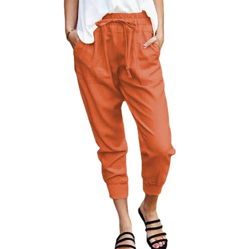 Pantalon Slim Femme Taille Haute en Couleur Unie avec Lacets 5