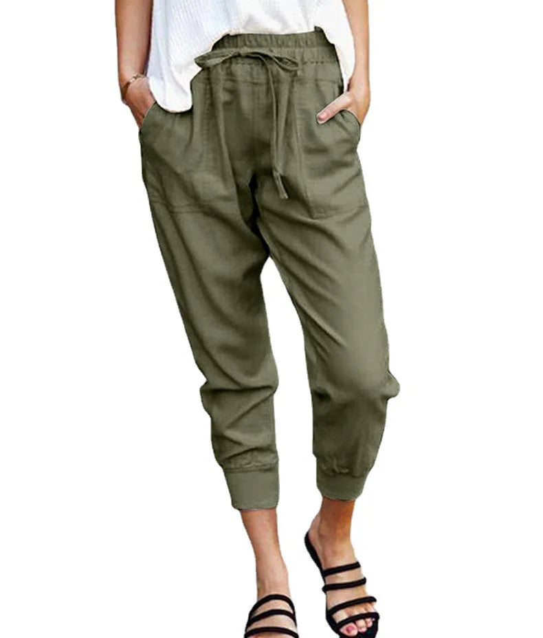 Pantalon Slim Femme Taille Haute en Couleur Unie avec Lacets 9