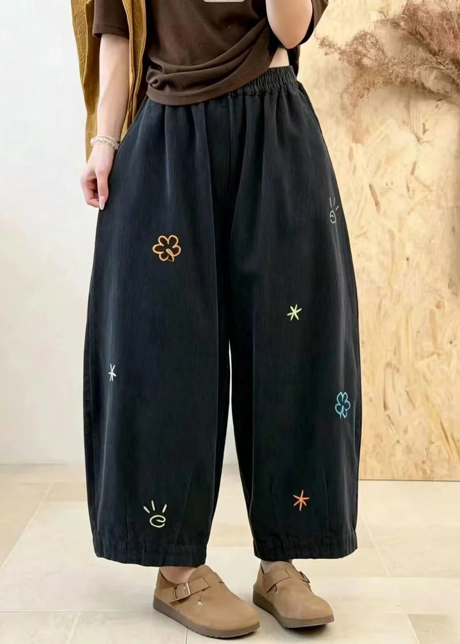 Pantalon bouffant court vintage pour femme avec poches brodées 1