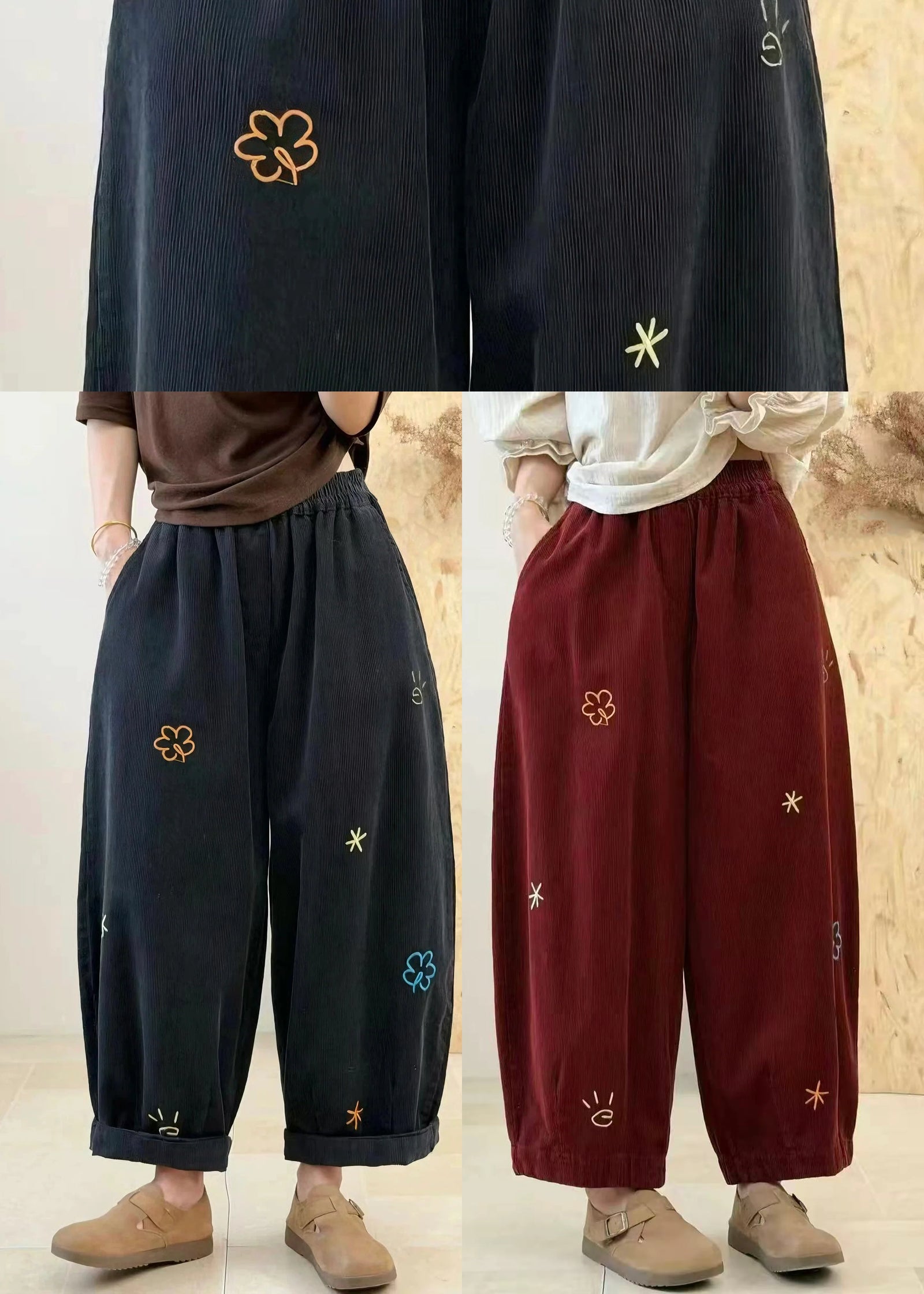 Pantalon bouffant court vintage pour femme avec poches brodées 4
