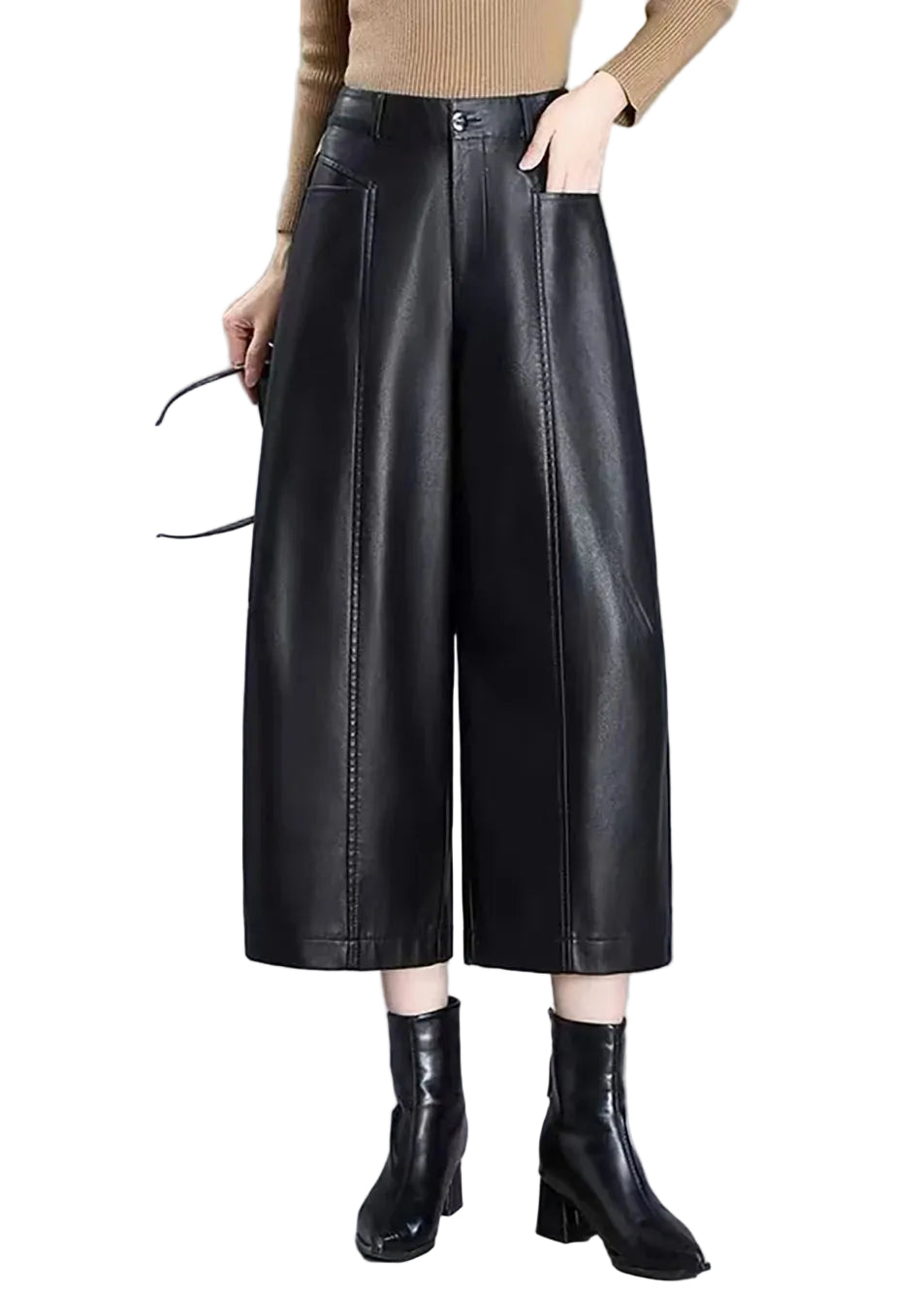 Pantalon court femme taille haute jambes larges 0