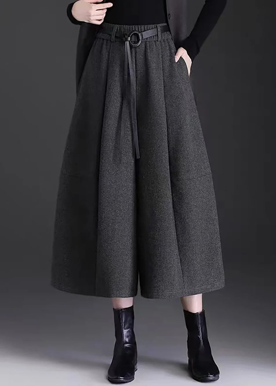 Pantalon court femme taille haute jambes larges décontracté 0