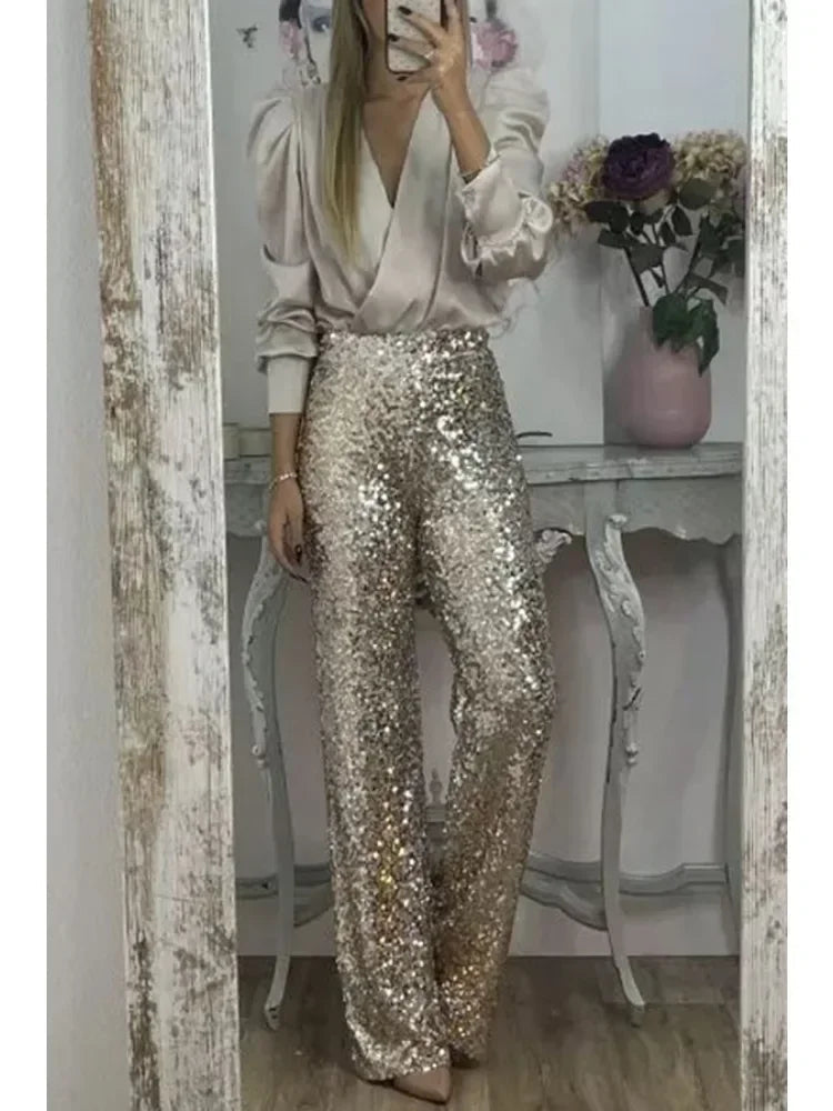 Pantalon de Soirée Femme Élégant avec Paillettes