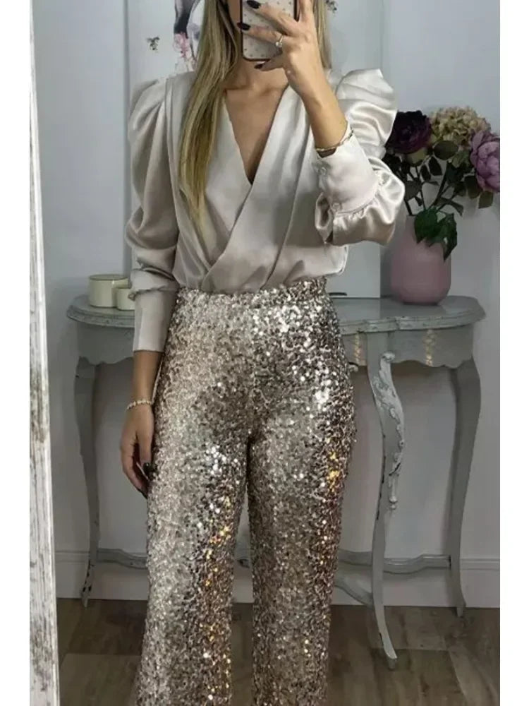 Pantalon de Soirée Femme Élégant avec Paillettes