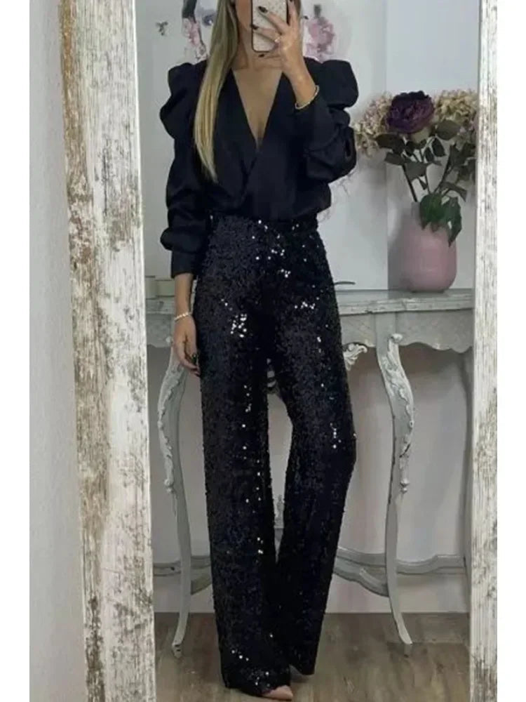 Pantalon de Soirée Femme Élégant avec Paillettes