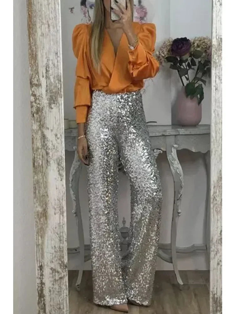 Pantalon de Soirée Femme Élégant avec Paillettes