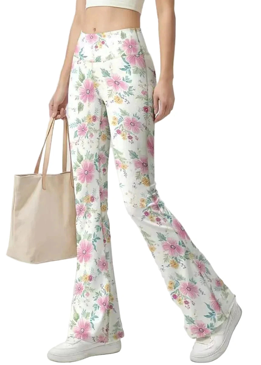 Pantalon de yoga femme taille haute évasé à motif floral 1
