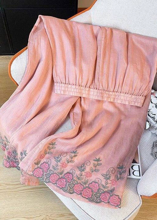 Pantalon décontracté femme taille élastique brodé été 1