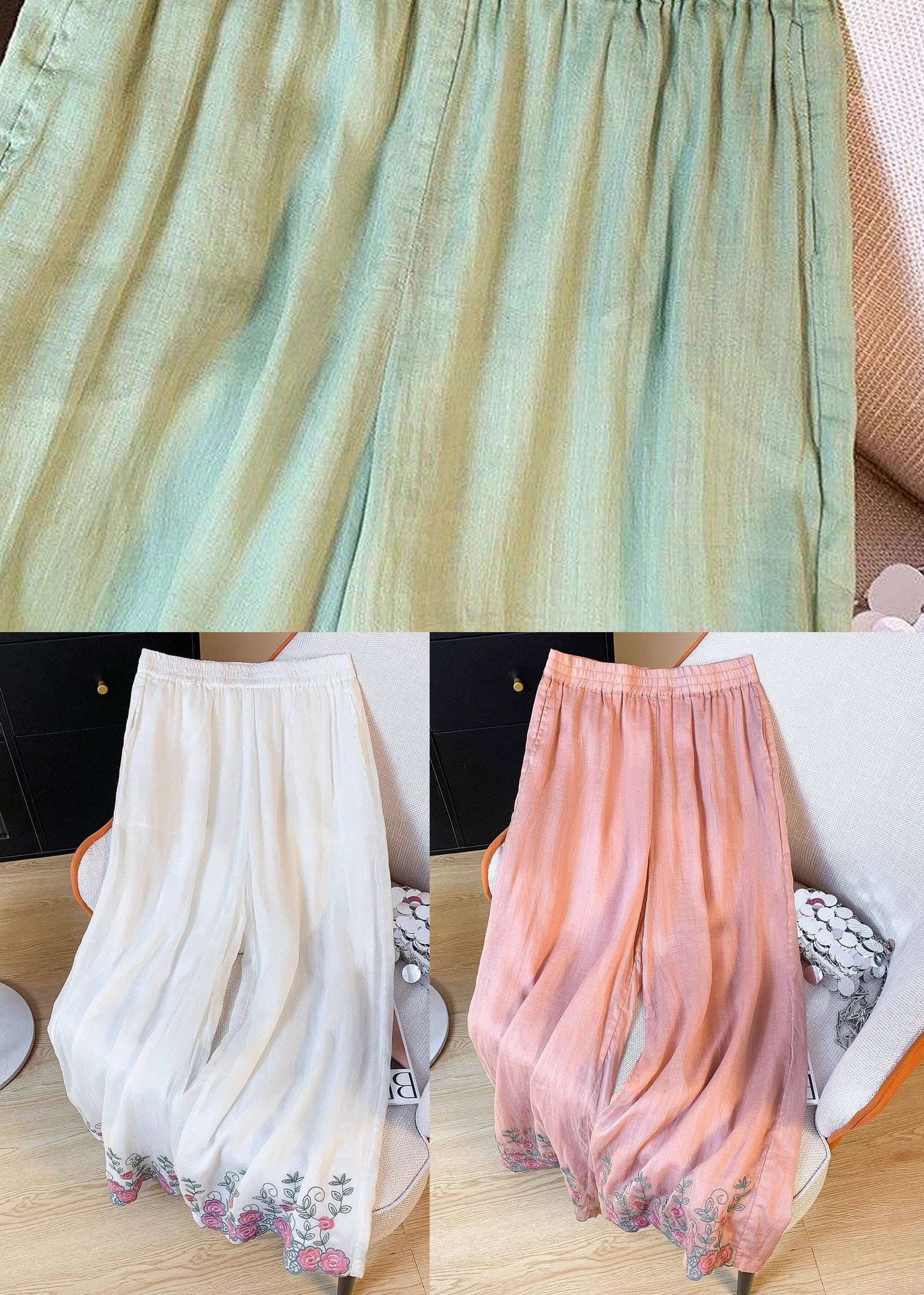 Pantalon décontracté femme taille élastique brodé été 4