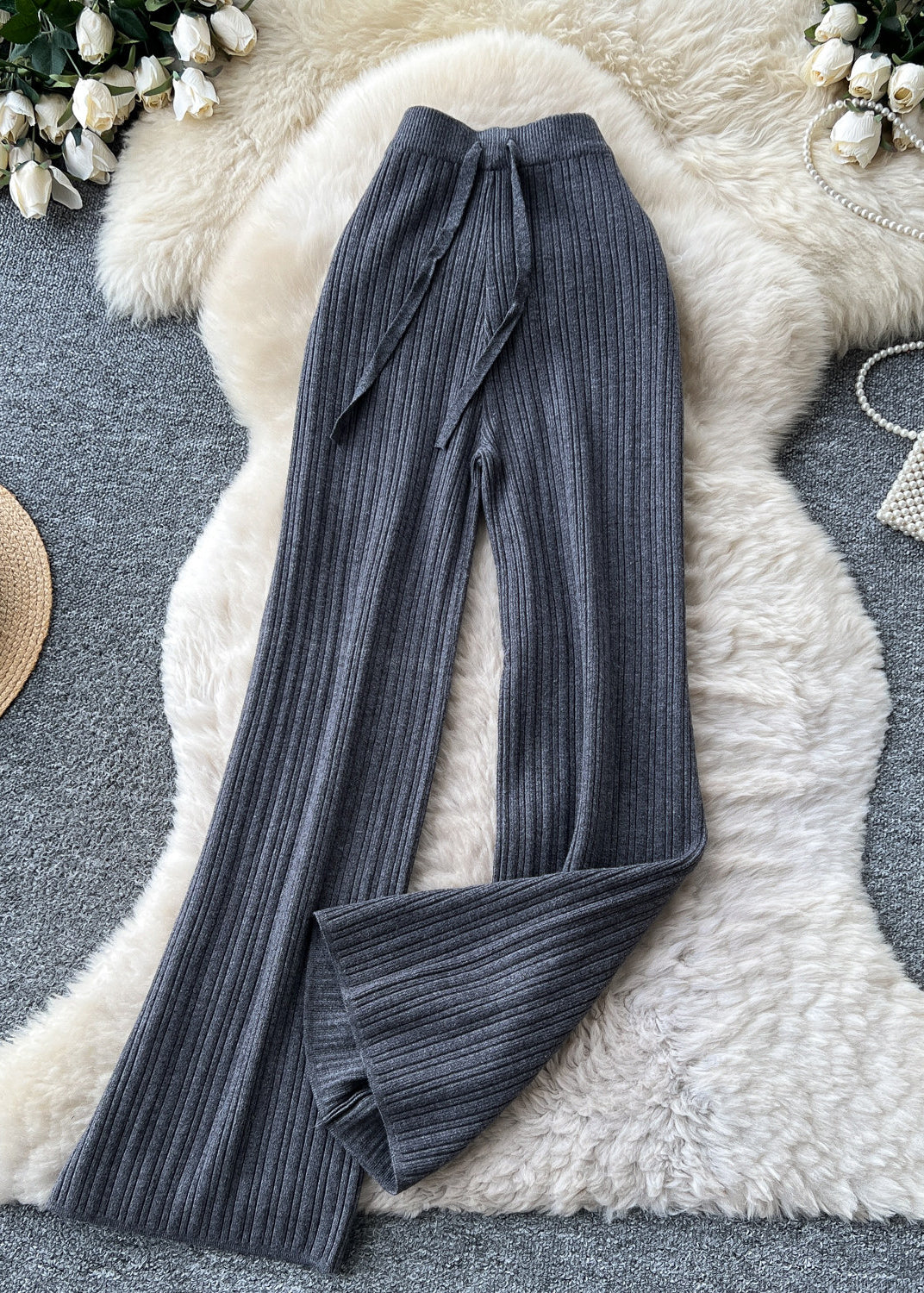 Pantalon droit femme taille haute tricoté automnal 1