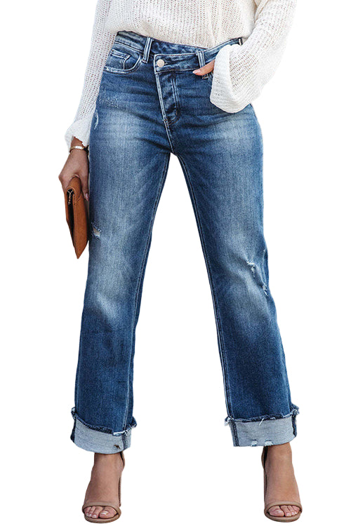 Pantalon en Denim Déchiré Taille Haute Femme 0