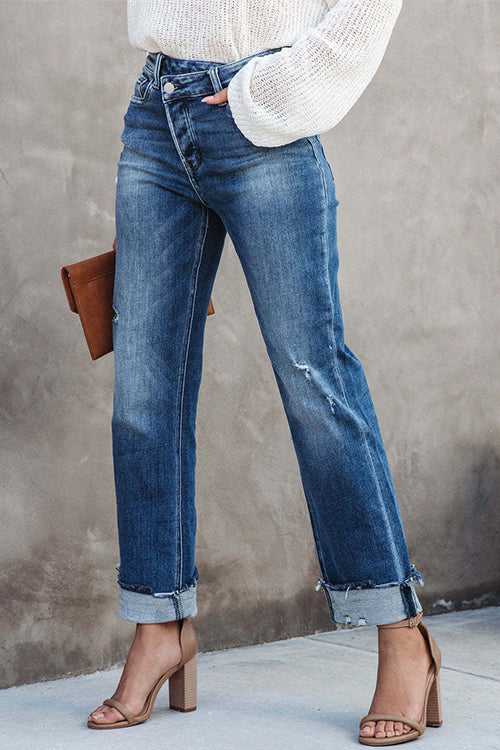 Pantalon en Denim Déchiré Taille Haute Femme 1