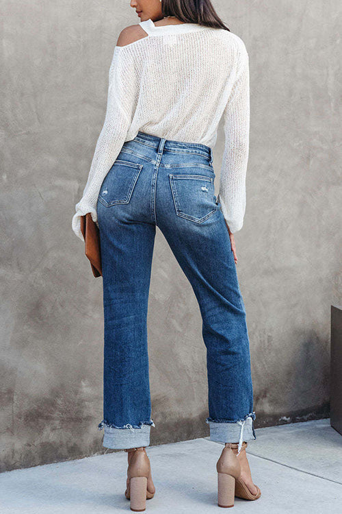 Pantalon en Denim Déchiré Taille Haute Femme 3