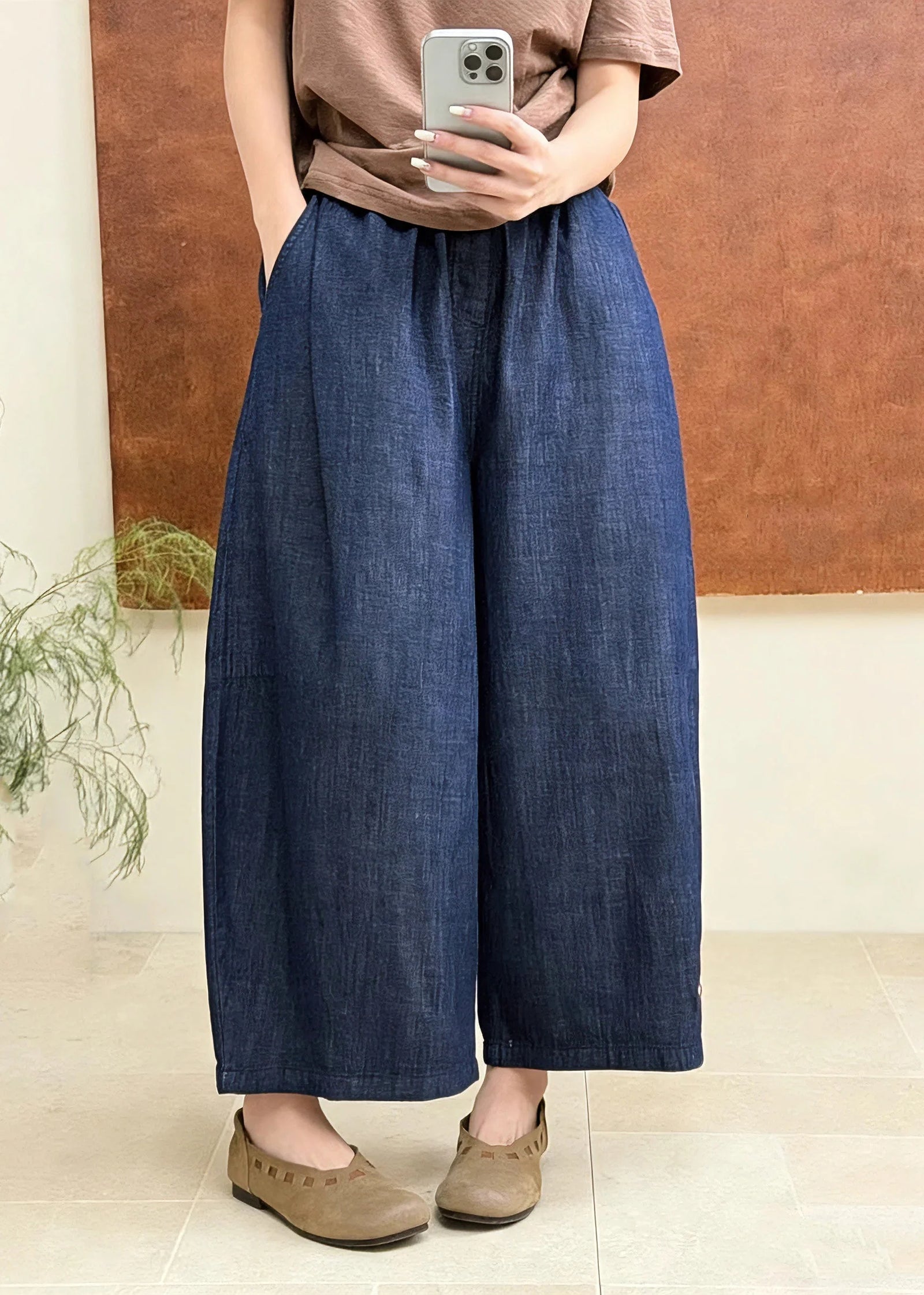Pantalon en jean grande taille à taille élastique brodé pour femme 3