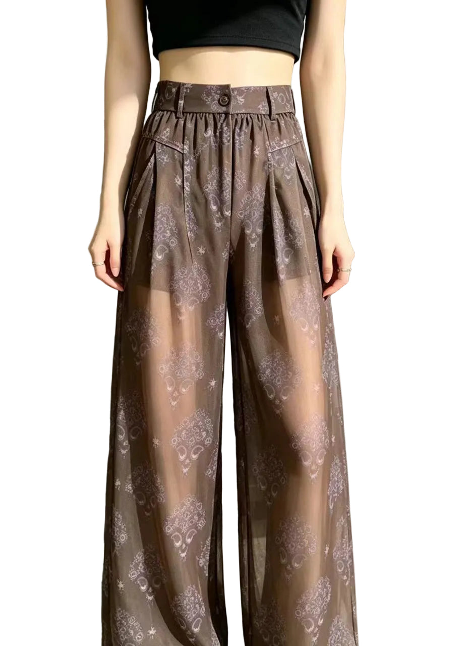 Pantalon femme taille haute imprimé léger été 0