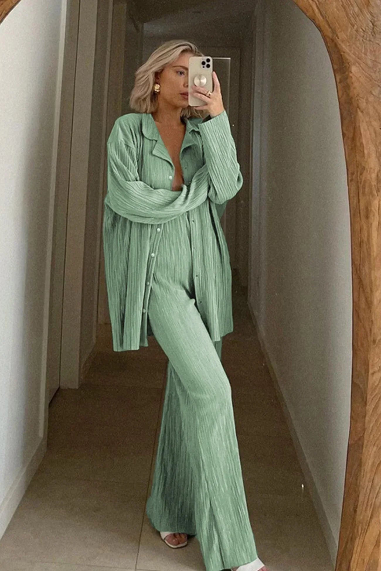 Variant image for Ensemble d'été Femme Chemise en Lin et Pantalon en Lin Léger et Confortable-1