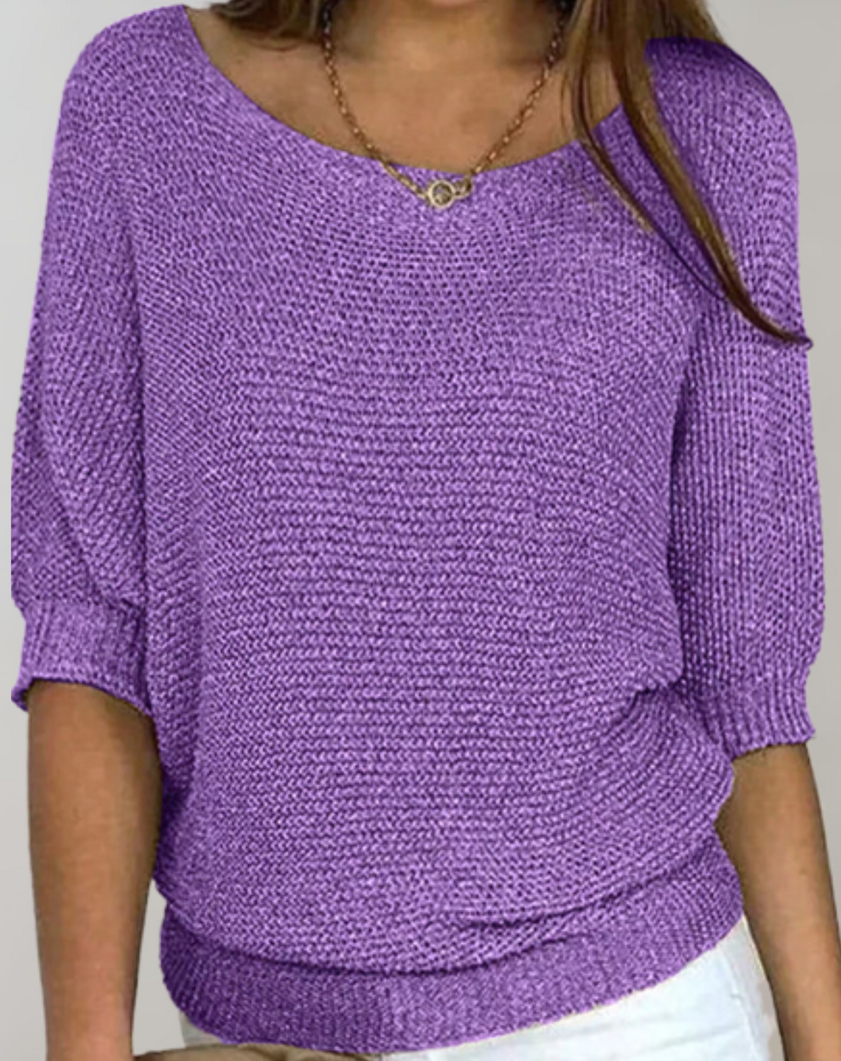 Pull Femme Ajusté à Col Rond et Manches Mi-Longues 1