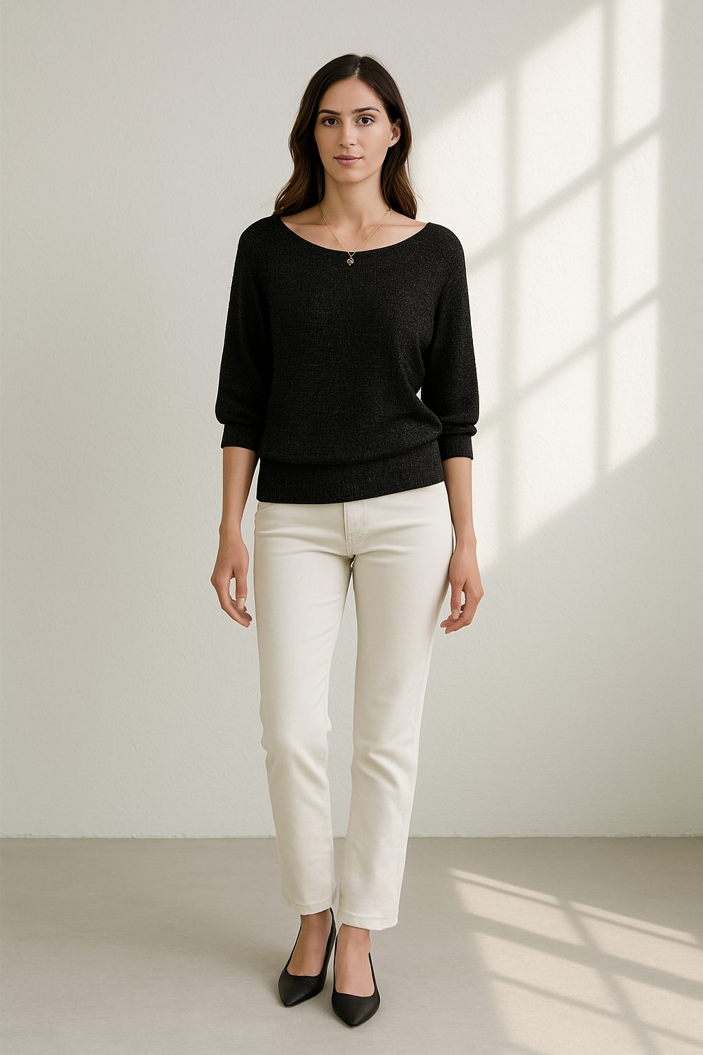 Pull Femme Basique Col Rond Manches 3/4 Tissu Doux et Texturé 1