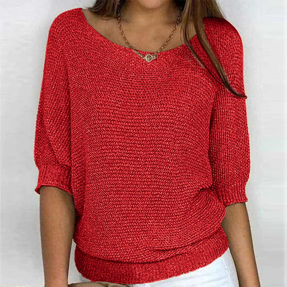 Pull Femme Basique Col Rond Manches 3/4 Tissu Doux et Texturé 4