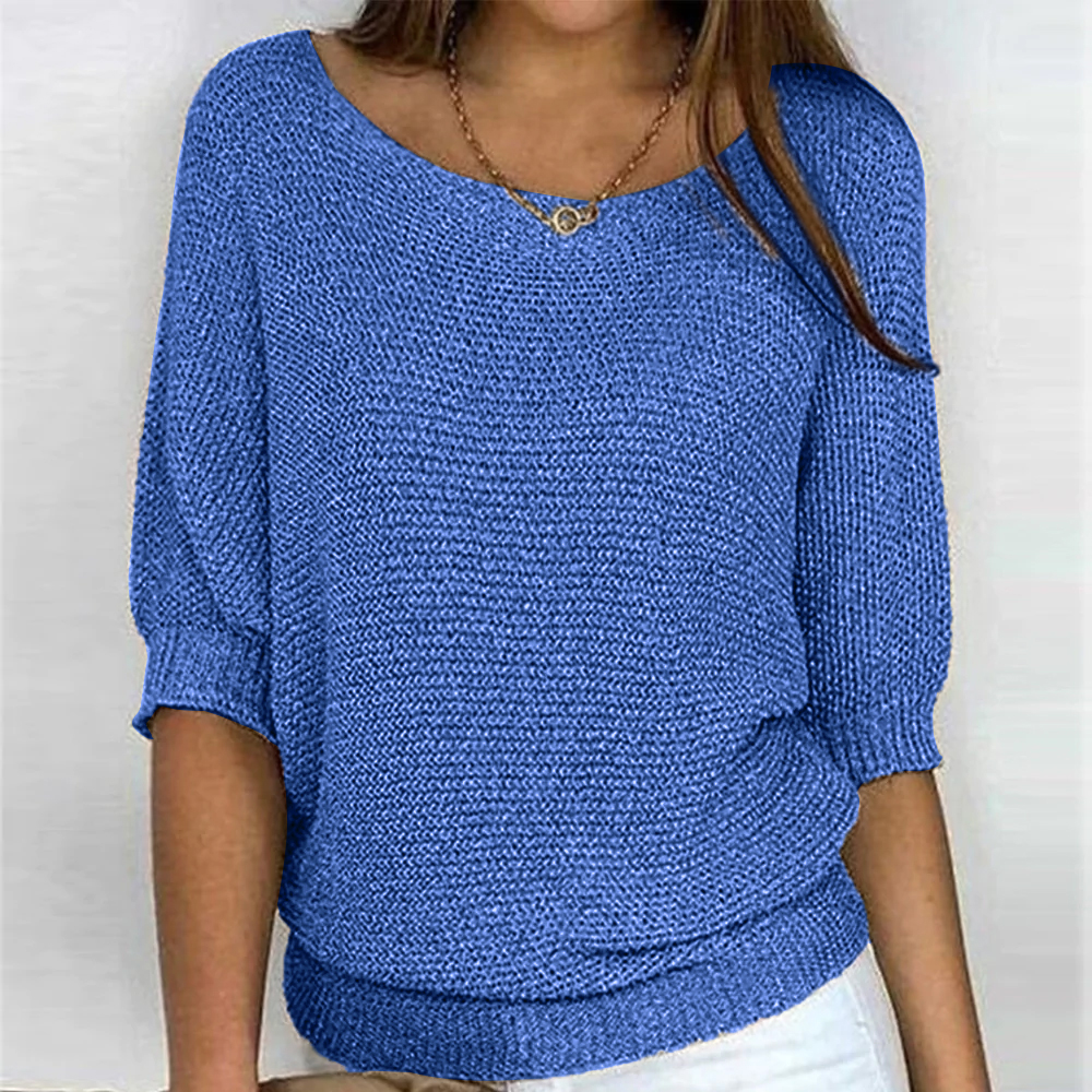 Pull Femme Basique Col Rond Manches 3/4 Tissu Doux et Texturé 6