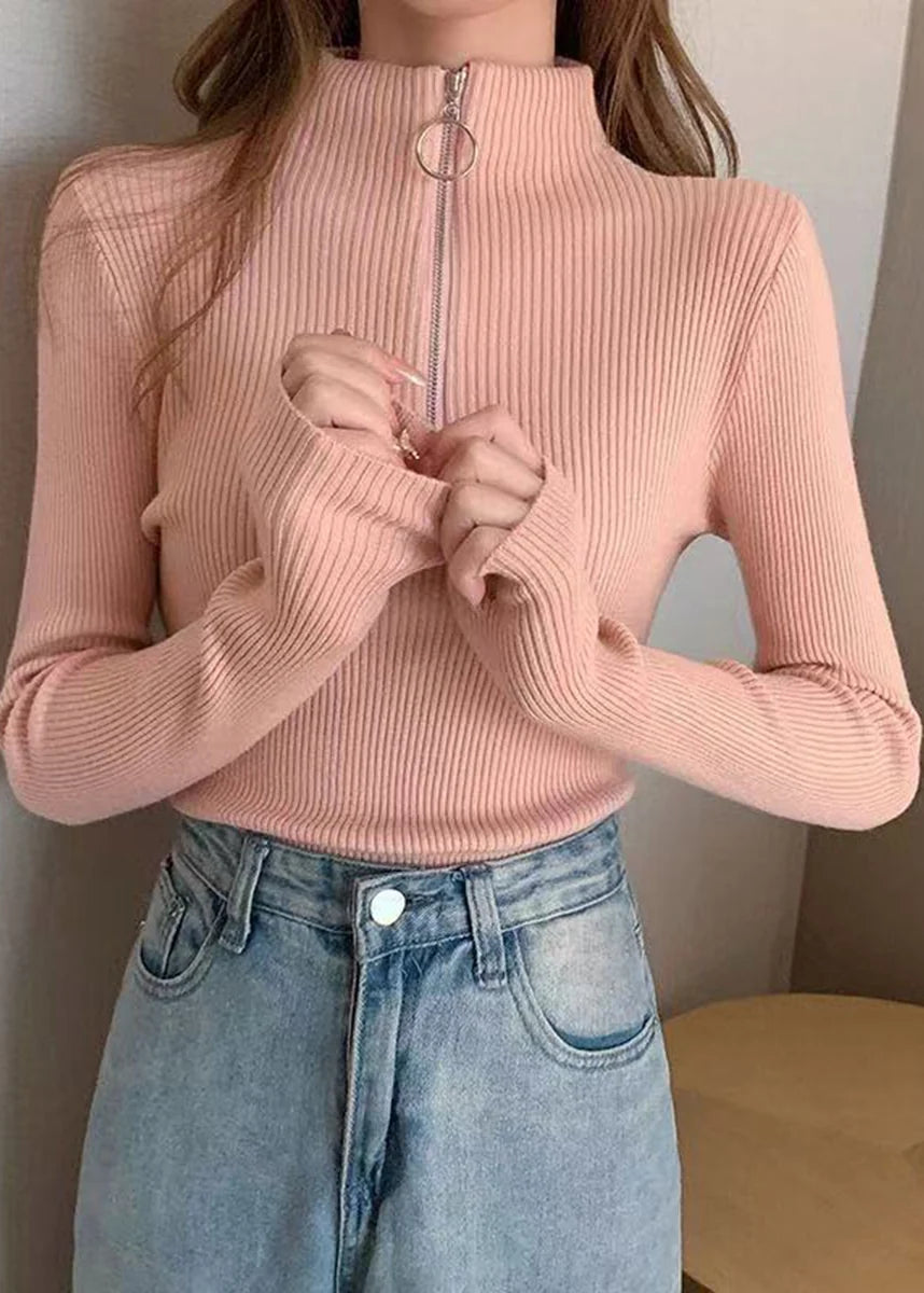 Pull Femme Col Montant Ajusté avec Fermeture Éclair Automne 2