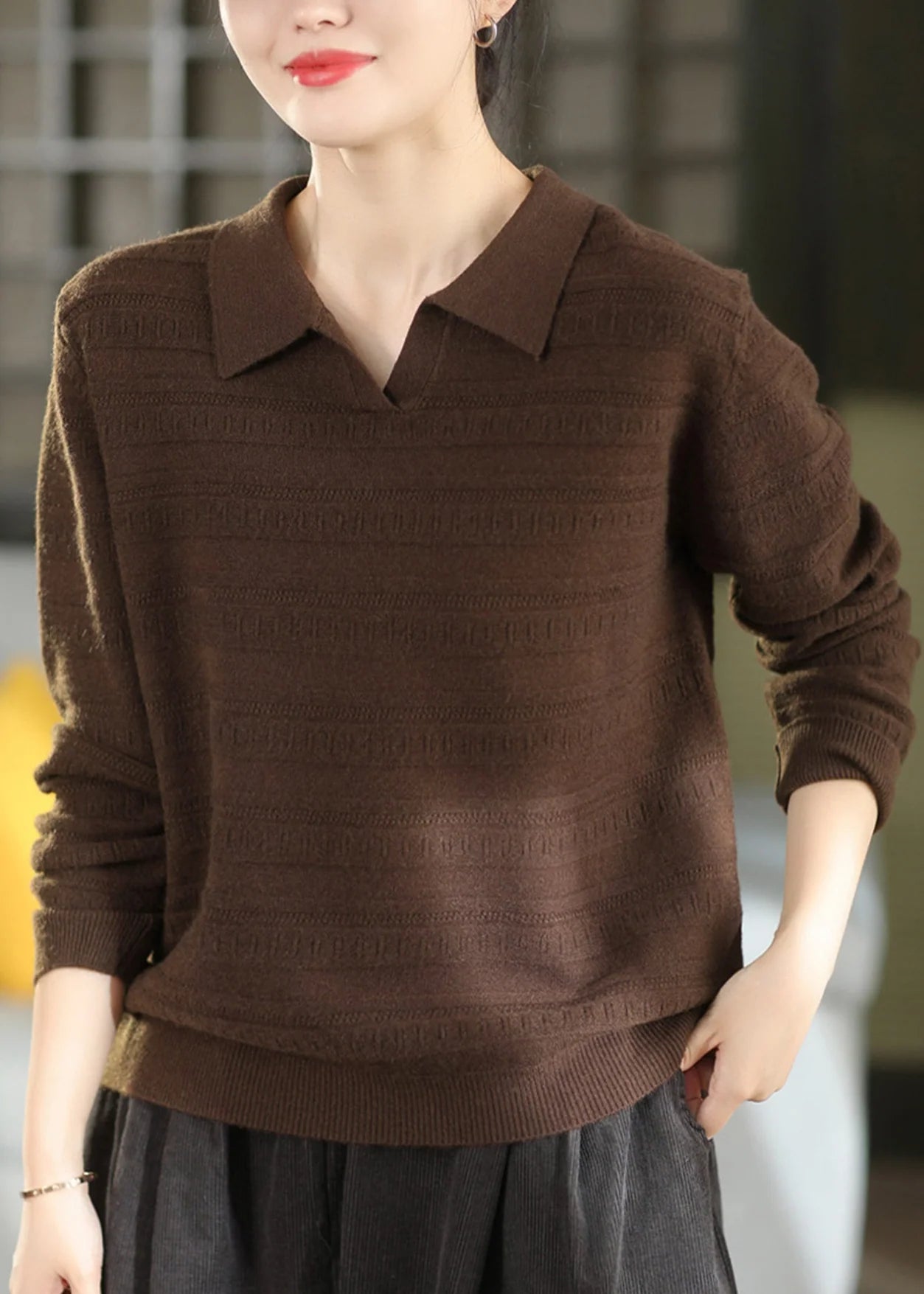Pull Femme Col Peter Pan Style Jacquard Ample Automnal 1