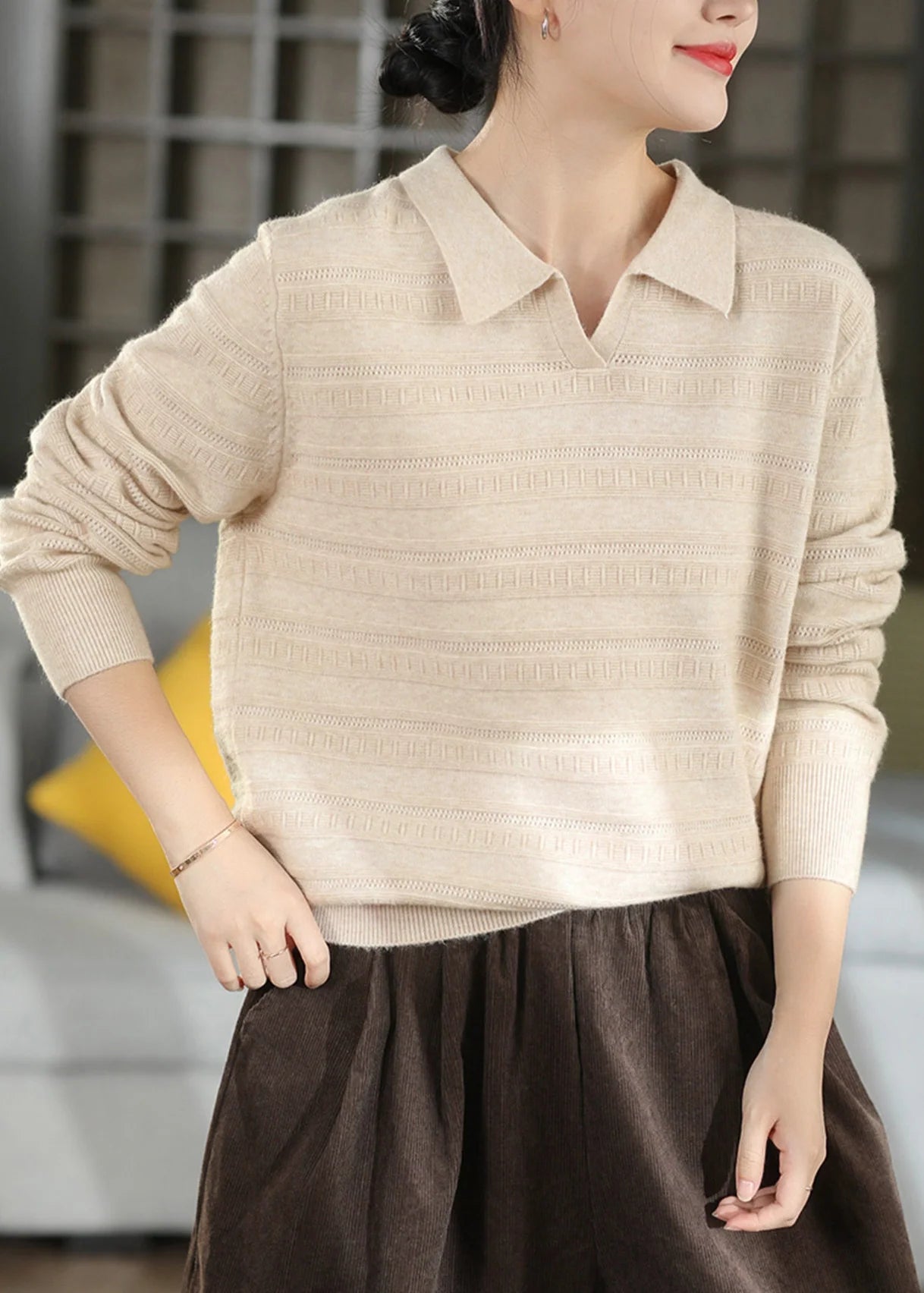 Pull Femme Col Peter Pan Style Jacquard Ample Automnal 2