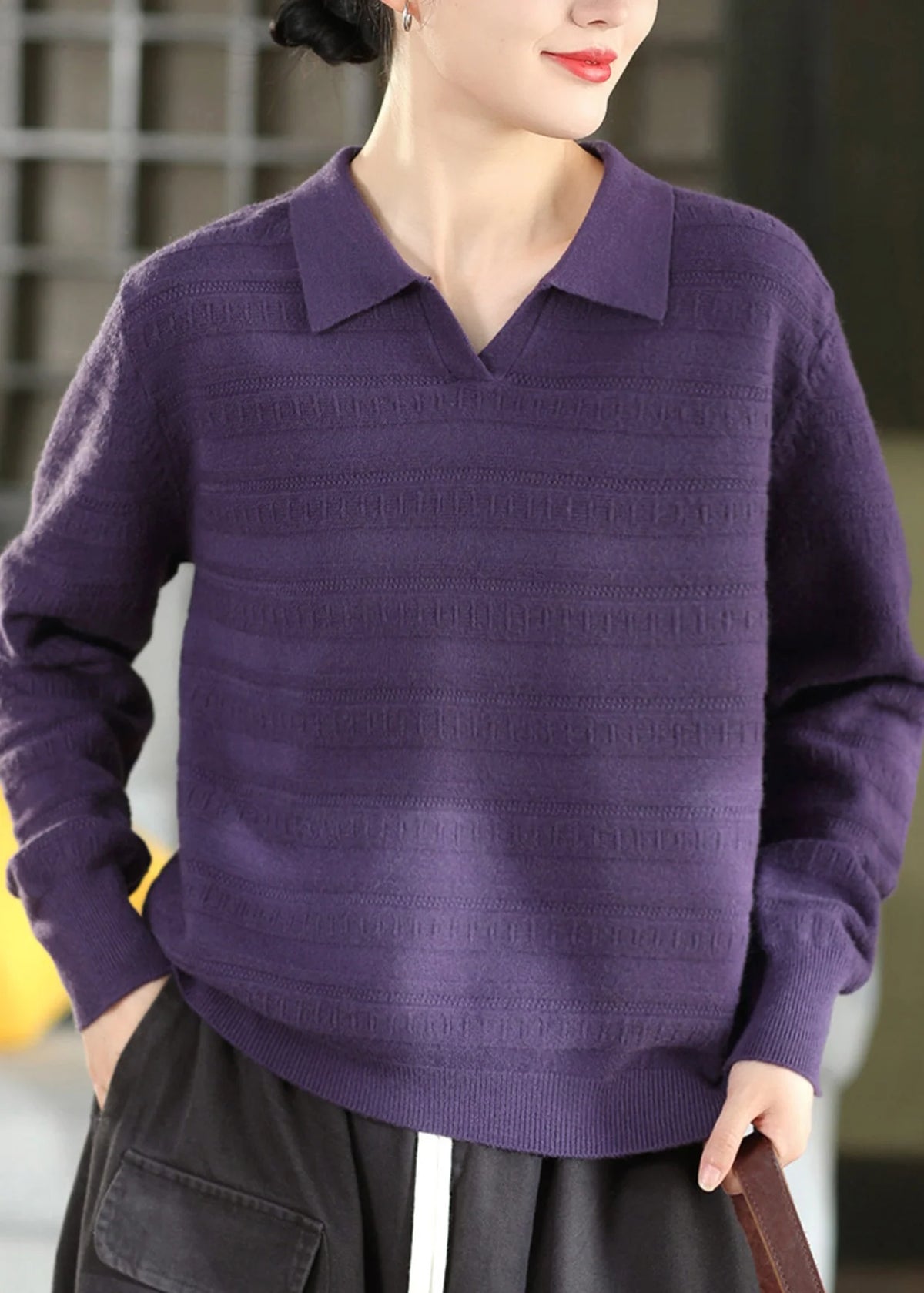 Pull Femme Col Peter Pan Style Jacquard Ample Automnal 3