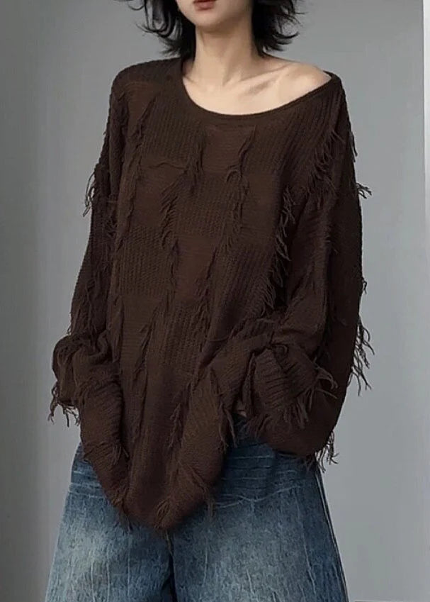 Pull Femme Col Rond Asymétrique avec Pompons Style Patchwork 0