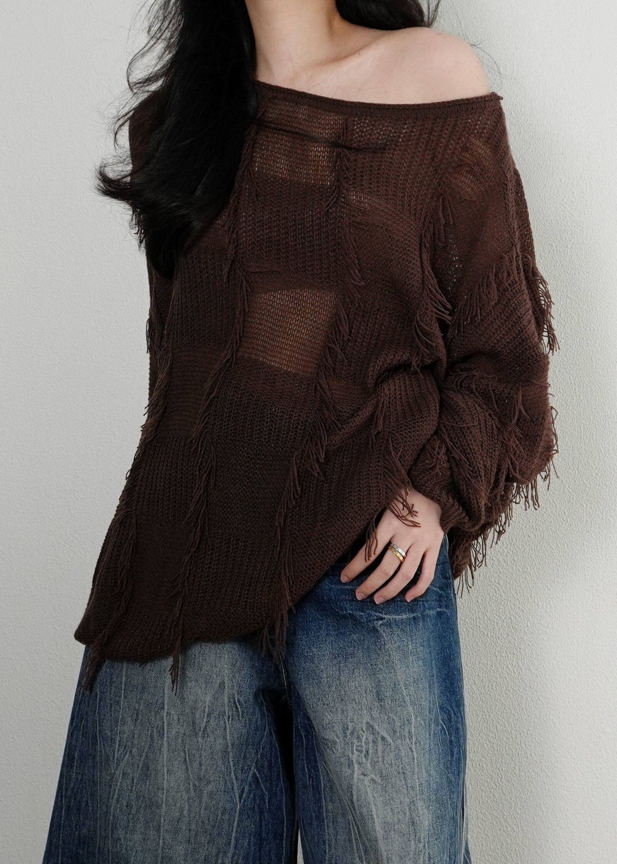 Pull Femme Col Rond Asymétrique avec Pompons Style Patchwork 2